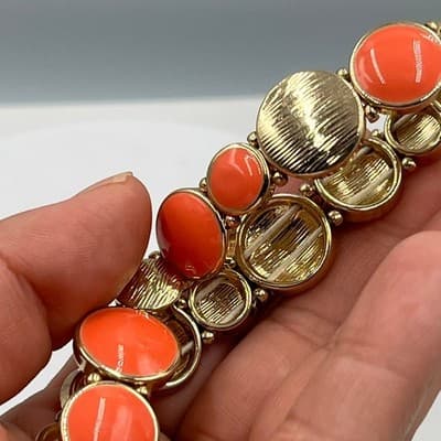 Gold Tone Orange Cabochon Disc Stretch Bracelet Chunky Retro Statement - Thumbnail 5