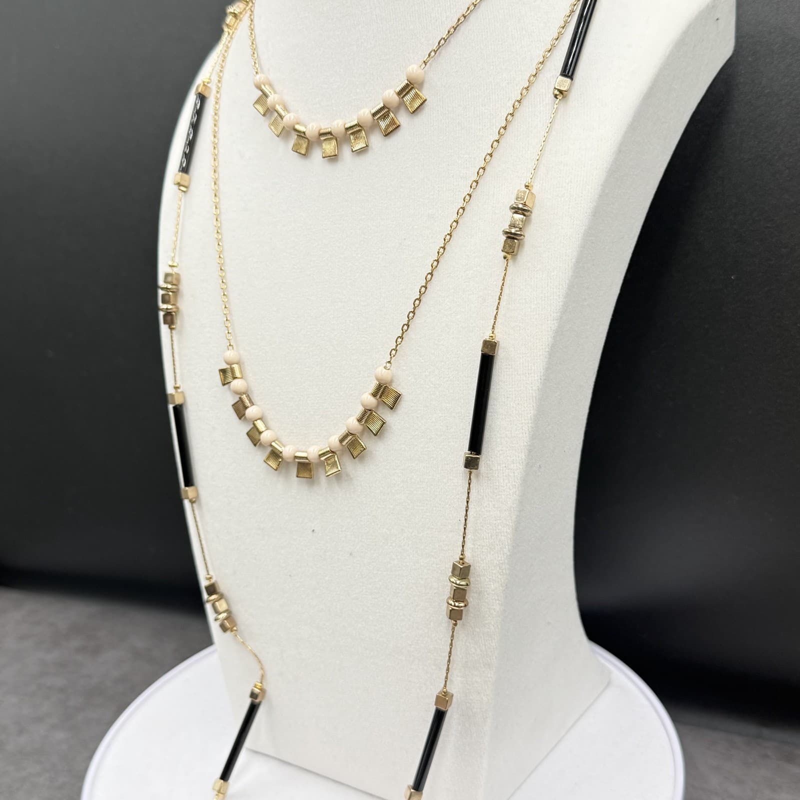 Vintage Gold Tone Cube & Black Bar Bead Necklace Long Layered Modernist - Thumbnail 6