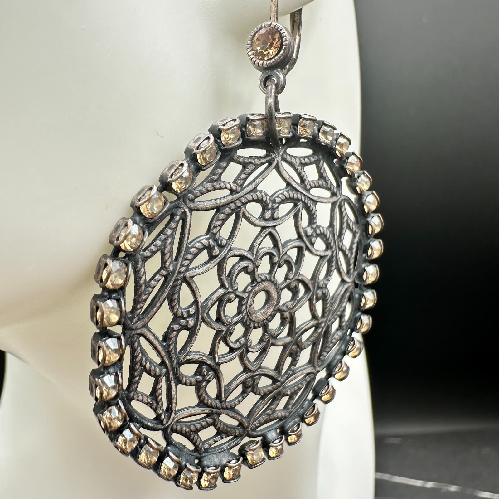 VTG Oxidized Dangle Earrings Brown Rhinestone Filigree Flower Circle Statement - Thumbnail 10