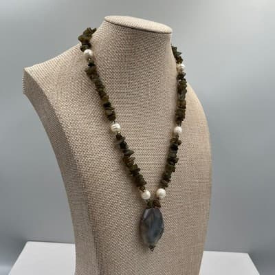 Vintage Gray Agate Pendant Necklace Labradorite Chip Beads Freshwater Pearls - Thumbnail 6