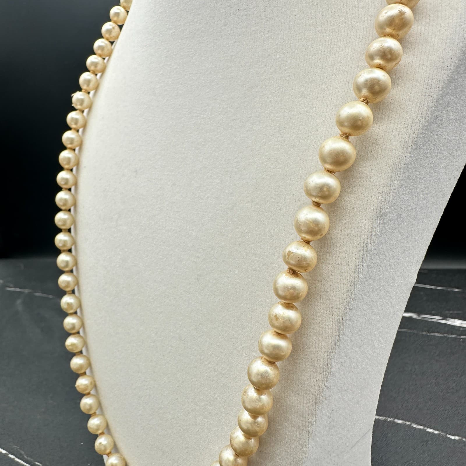 Vintage Faux Pearl Choker Necklace Single Strand Knotted Graduated Cream Classic - Thumbnail 7