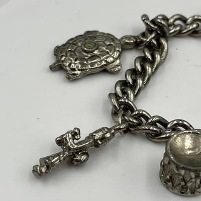 VTG Silver Tone Charm Bracelet Turtle Cross Drum Arrow Turquoise Accent Chunky - Thumbnail 4