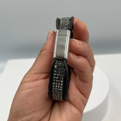 Vintage Black Leather Rhinestone Bracelet Magnetic Clasp Sparkle Cuff Cassic - Thumbnail 4