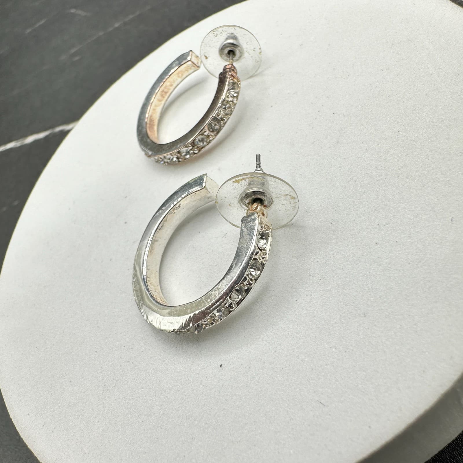Vintage Rhinestone Crystal Hoop Earrings Silver Tone Classic Round Post Style - Thumbnail 10