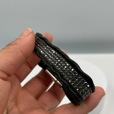 Vintage Black Leather Rhinestone Bracelet Magnetic Clasp Sparkle Cuff Cassic - Thumbnail 5