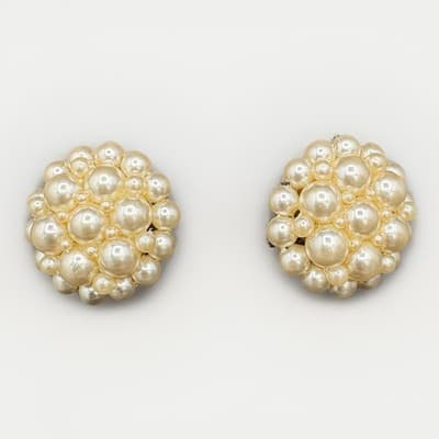 Vintage Faux Pearl Cluster Round Domed Clip On Earrings Beaded Jewelry Chunky - Image 1