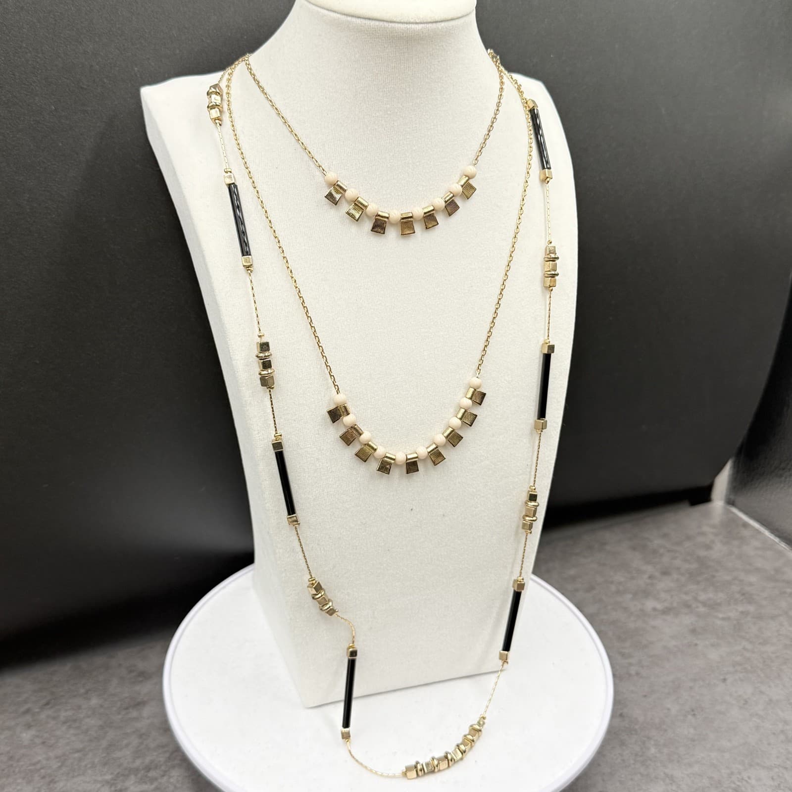 Vintage Gold Tone Cube & Black Bar Bead Necklace Long Layered Modernist - Thumbnail 4