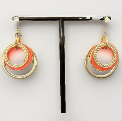 Vintage Gold Tone Red Enamel Dangle Drop Earrings Tiered Rings Pierced 70s - Image 1