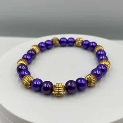 Vintage Purple Beaded Stretch Bracelet Gold Tone Ribbed Spacer Beads Elastic Fit - Thumbnail 4