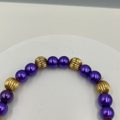 Vintage Purple Beaded Stretch Bracelet Gold Tone Ribbed Spacer Beads Elastic Fit - Thumbnail 3