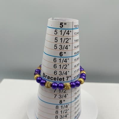 Vintage Purple Beaded Stretch Bracelet Gold Tone Ribbed Spacer Beads Elastic Fit - Thumbnail 9