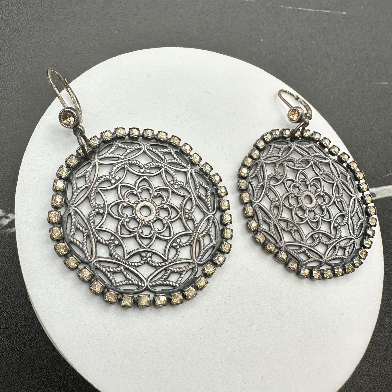 VTG Oxidized Dangle Earrings Brown Rhinestone Filigree Flower Circle Statement - Thumbnail 12