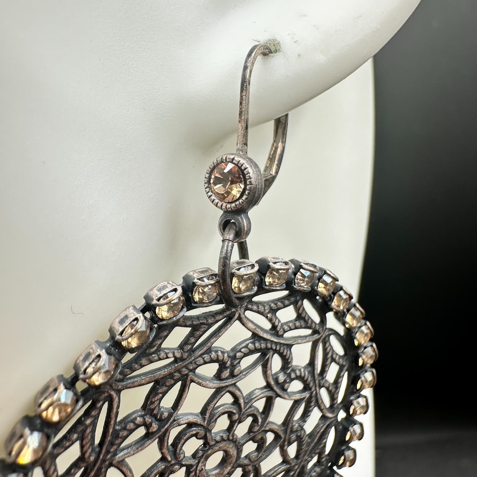 VTG Oxidized Dangle Earrings Brown Rhinestone Filigree Flower Circle Statement - Thumbnail 5