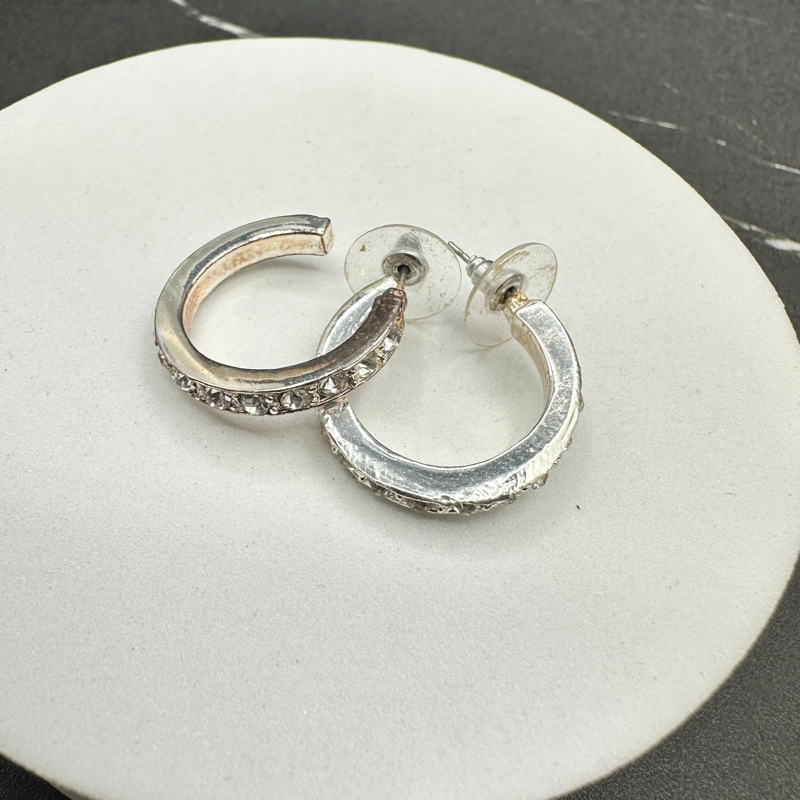 Vintage Rhinestone Crystal Hoop Earrings Silver Tone Classic Round Post Style - Thumbnail 11