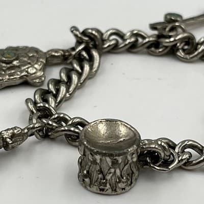 VTG Silver Tone Charm Bracelet Turtle Cross Drum Arrow Turquoise Accent Chunky - Thumbnail 3