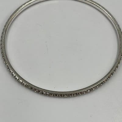 Vintage Slim Silver Tone Rhinestone Bangle Bracelet – Stackable Crystal Accent - Thumbnail 2