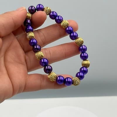 Vintage Purple Beaded Stretch Bracelet Gold Tone Ribbed Spacer Beads Elastic Fit - Thumbnail 8