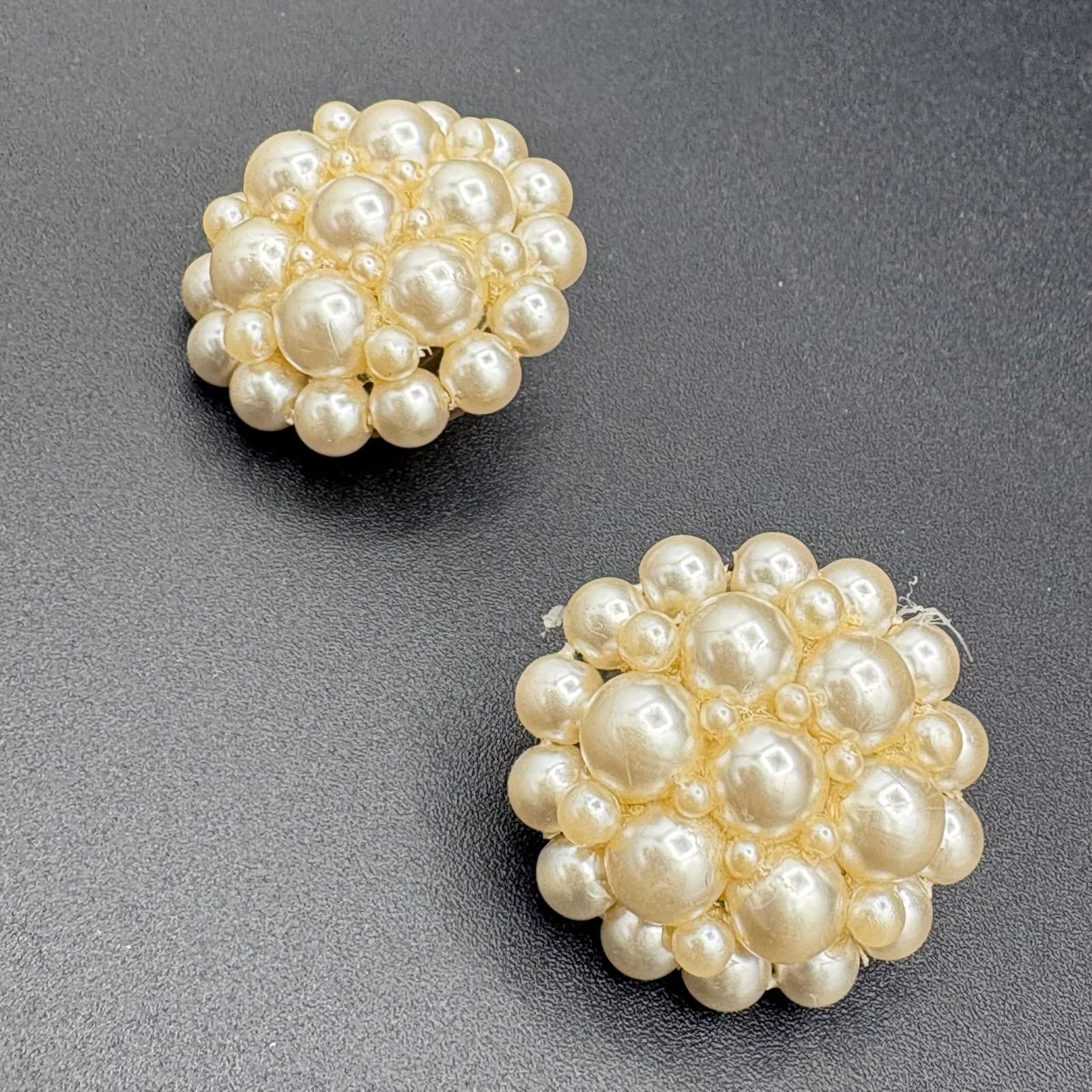 Vintage Faux Pearl Cluster Round Domed Clip On Earrings Beaded Jewelry Chunky - Thumbnail 4