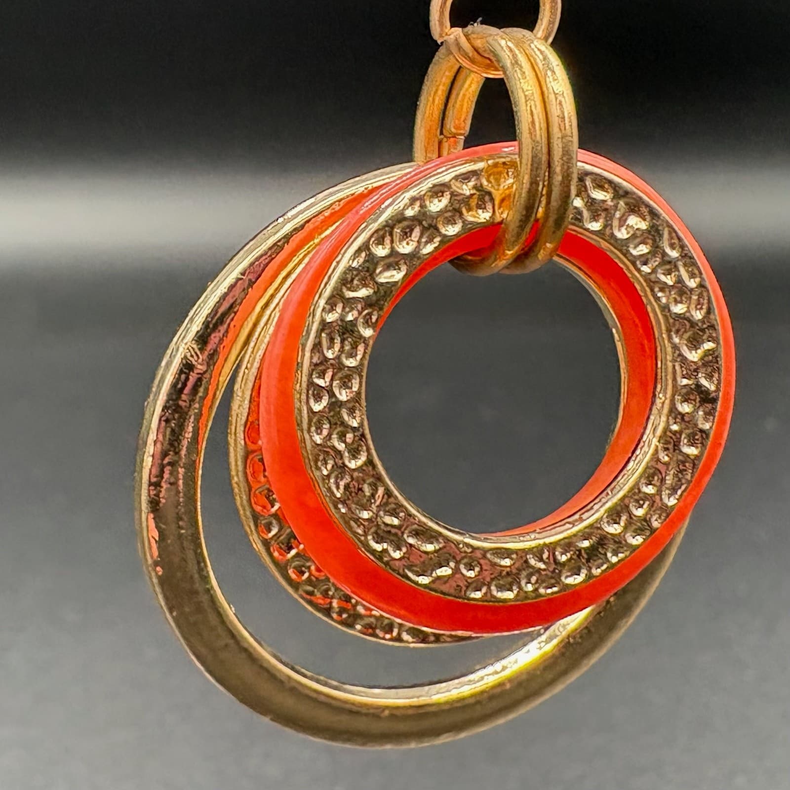 Vintage Gold Tone Red Enamel Dangle Drop Earrings Tiered Rings Pierced 70s - Thumbnail 2