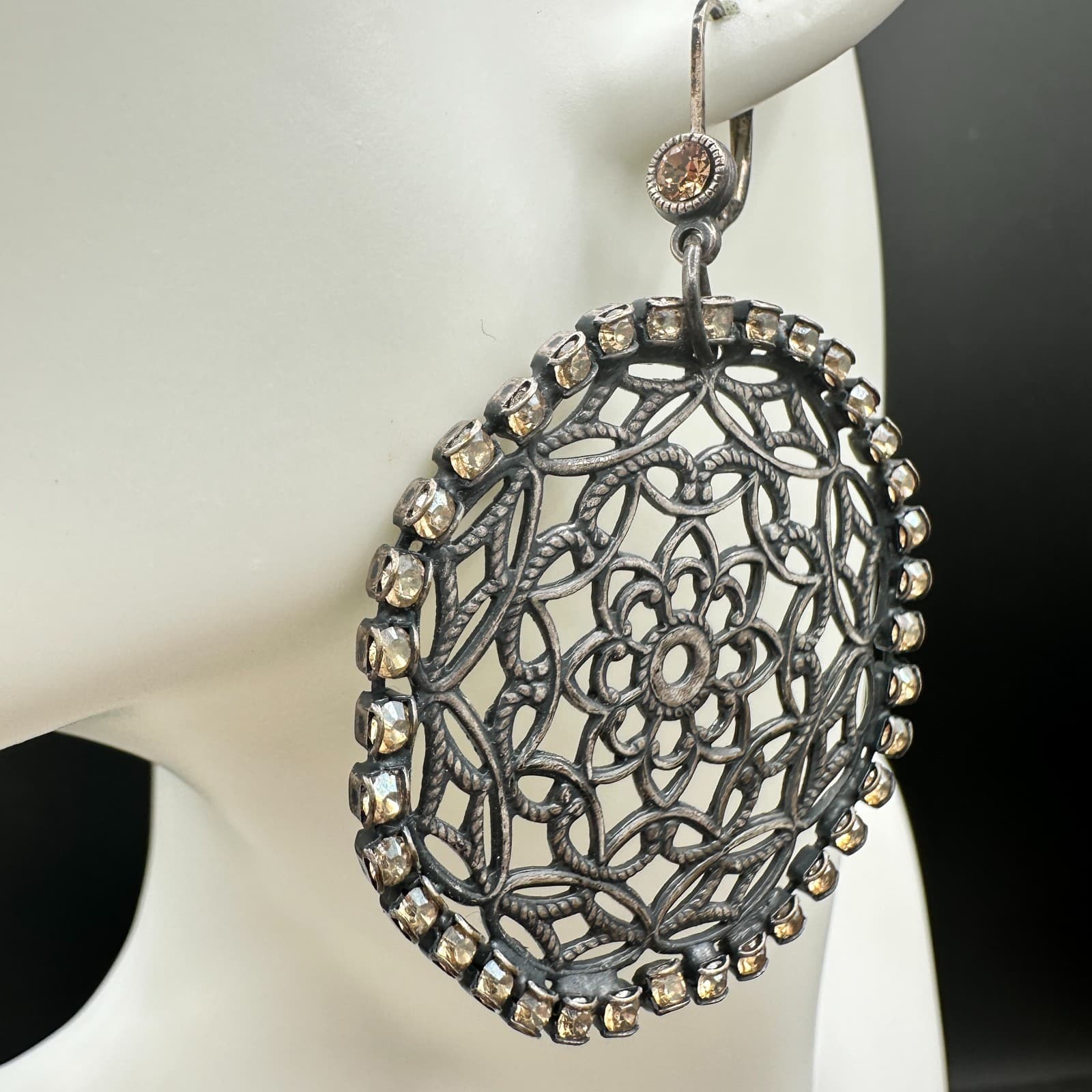 VTG Oxidized Dangle Earrings Brown Rhinestone Filigree Flower Circle Statement - Thumbnail 4