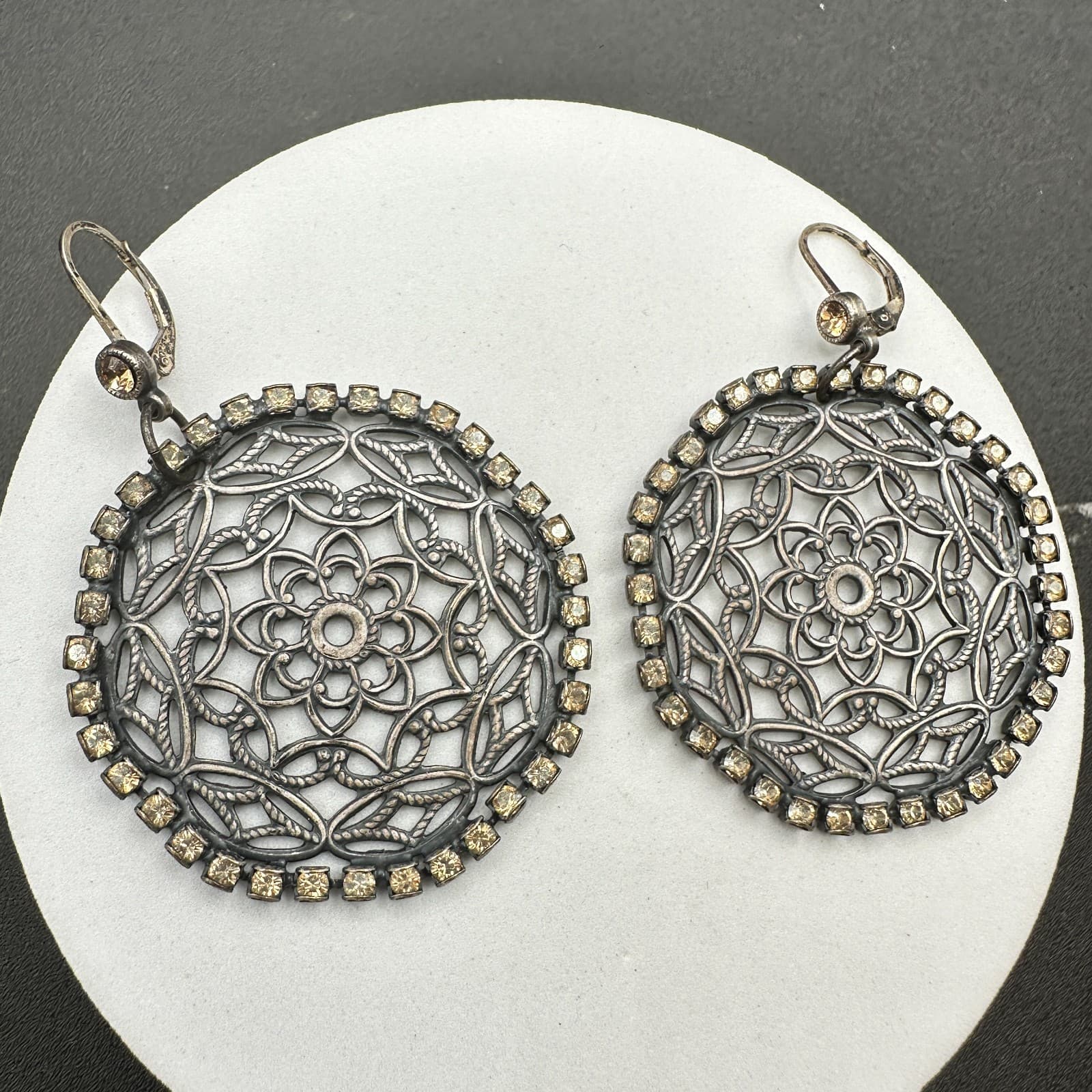 VTG Oxidized Dangle Earrings Brown Rhinestone Filigree Flower Circle Statement - Thumbnail 11