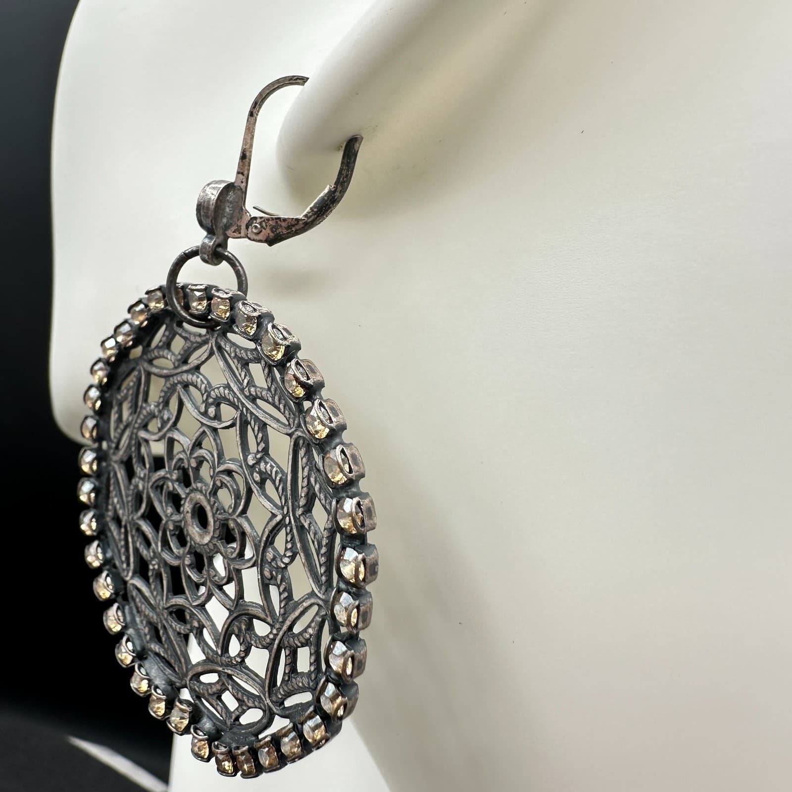 VTG Oxidized Dangle Earrings Brown Rhinestone Filigree Flower Circle Statement - Thumbnail 8