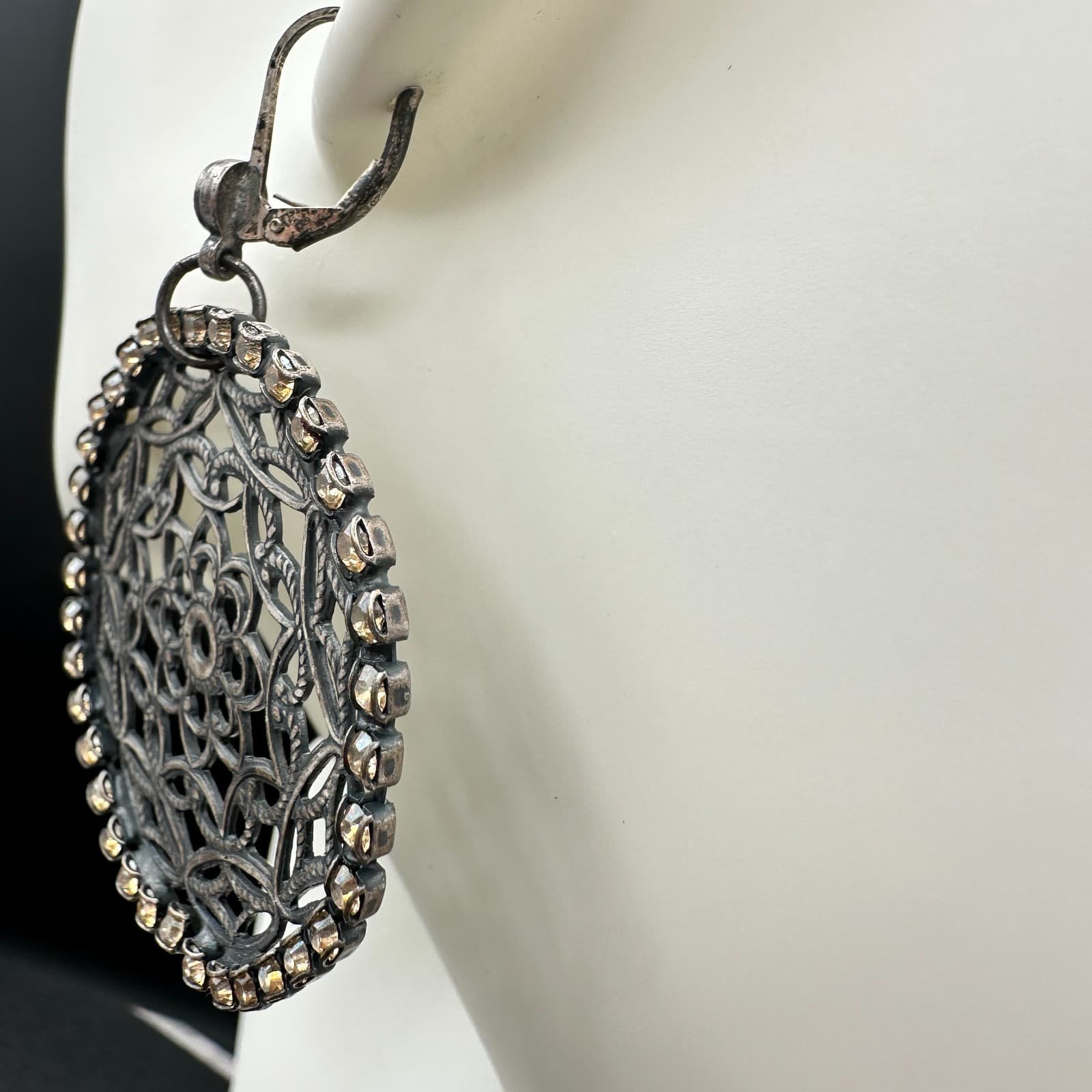 VTG Oxidized Dangle Earrings Brown Rhinestone Filigree Flower Circle Statement - Thumbnail 9