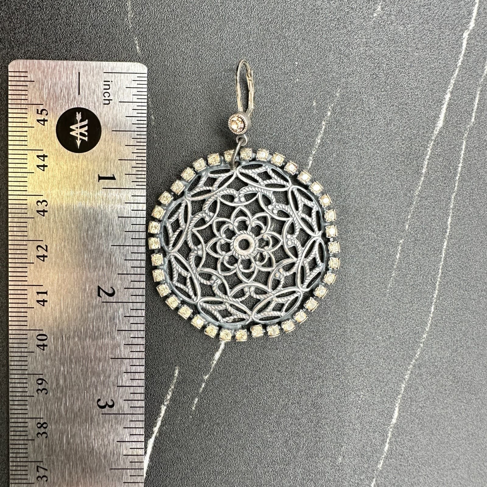 VTG Oxidized Dangle Earrings Brown Rhinestone Filigree Flower Circle Statement - Thumbnail 2