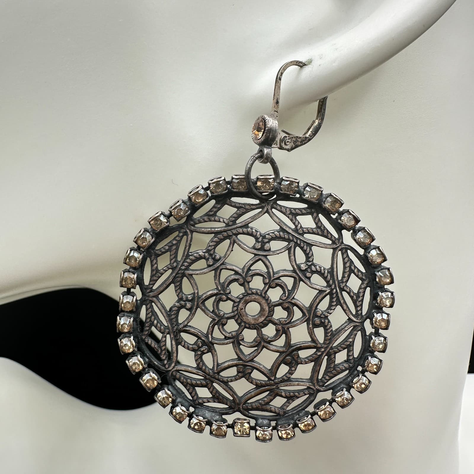 VTG Oxidized Dangle Earrings Brown Rhinestone Filigree Flower Circle Statement - Thumbnail 3