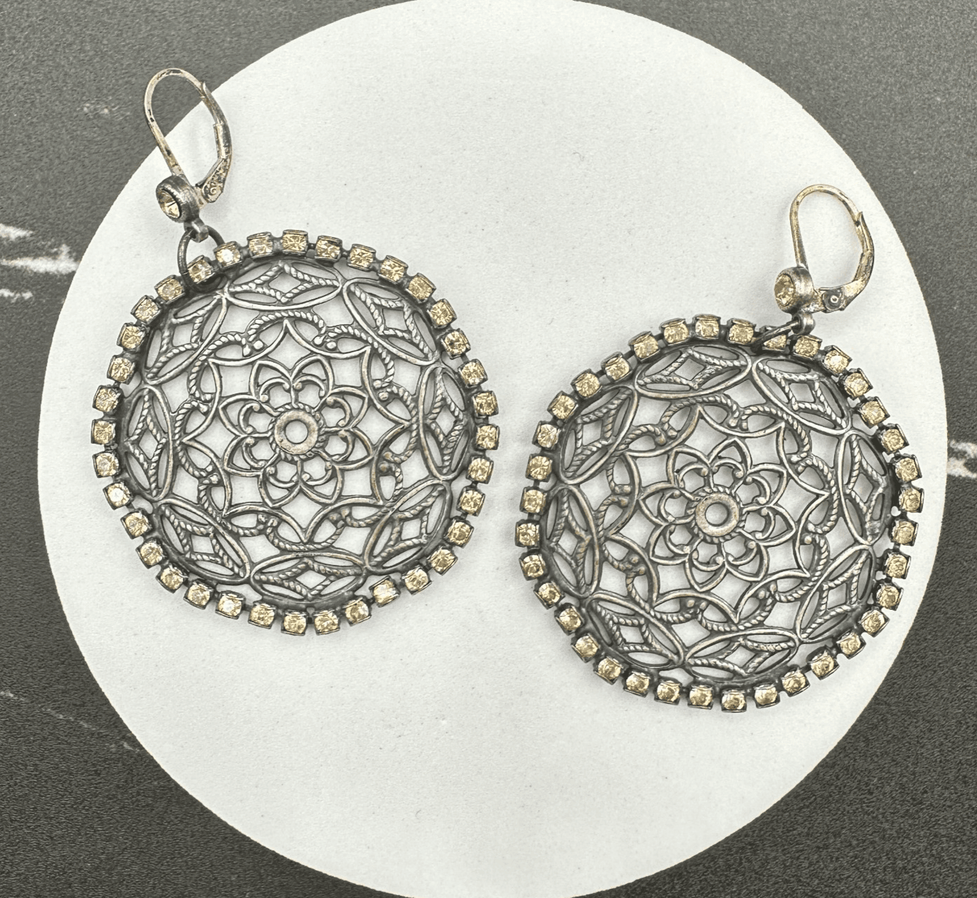 VTG Oxidized Dangle Earrings Brown Rhinestone Filigree Flower Circle Statement - Image 1