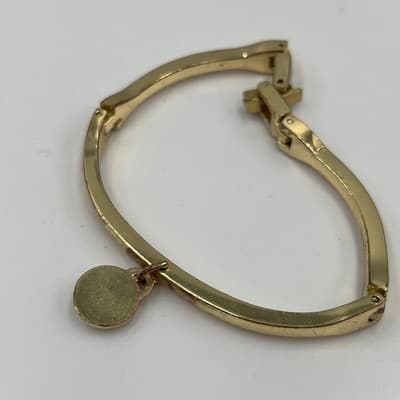 Vintage Gold Tone Hinged Bangle Bracelet w/ Rhinestone Charm Minimalist Classic - Thumbnail 3