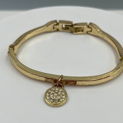 Vintage Gold Tone Hinged Bangle Bracelet w/ Rhinestone Charm Minimalist Classic - Thumbnail 2
