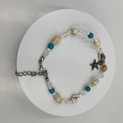 Vintage Seashell & Turquoise Beads Bracelet Starfish Charm Coastal Beach Jewelry - Thumbnail 2