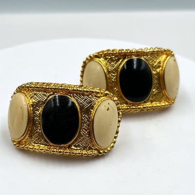 Vintage Gold Tone Black & Cream Cabochon Clip-On Earrings Textured Statement - Image 1