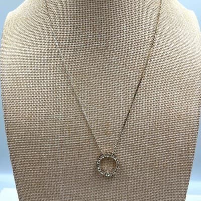 Vintage Silver Tone Circle Pendant Necklace Rhinestone Halo Minimalist Elegant - Thumbnail 2