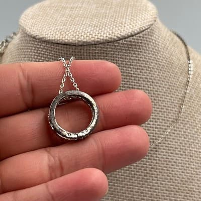 Vintage Silver Tone Circle Pendant Necklace Rhinestone Halo Minimalist Elegant - Thumbnail 5