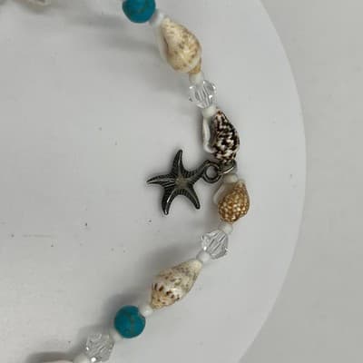 Vintage Seashell & Turquoise Beads Bracelet Starfish Charm Coastal Beach Jewelry - Thumbnail 3