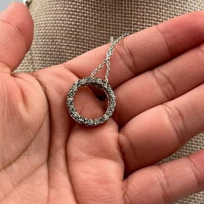 Vintage Silver Tone Circle Pendant Necklace Rhinestone Halo Minimalist Elegant - Thumbnail 6