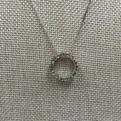 Vintage Silver Tone Circle Pendant Necklace Rhinestone Halo Minimalist Elegant - Image 1