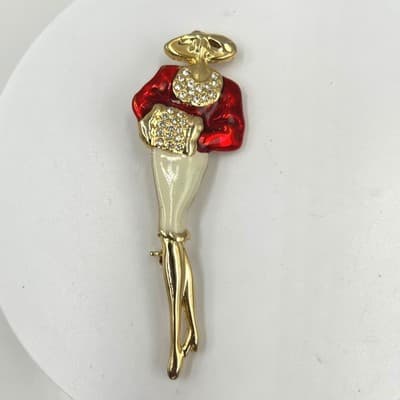 Vintage Style Lady Figural Brooch Red Enamel Gold Tone Rhinestone Dress Pin - Image 1