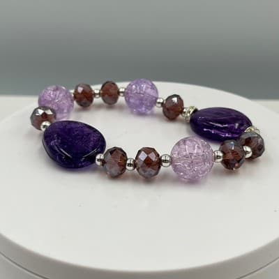 VTG Purple Beaded Stretch Bracelet Faceted Glass Crackle Beads Statement Chunky - Thumbnail 3