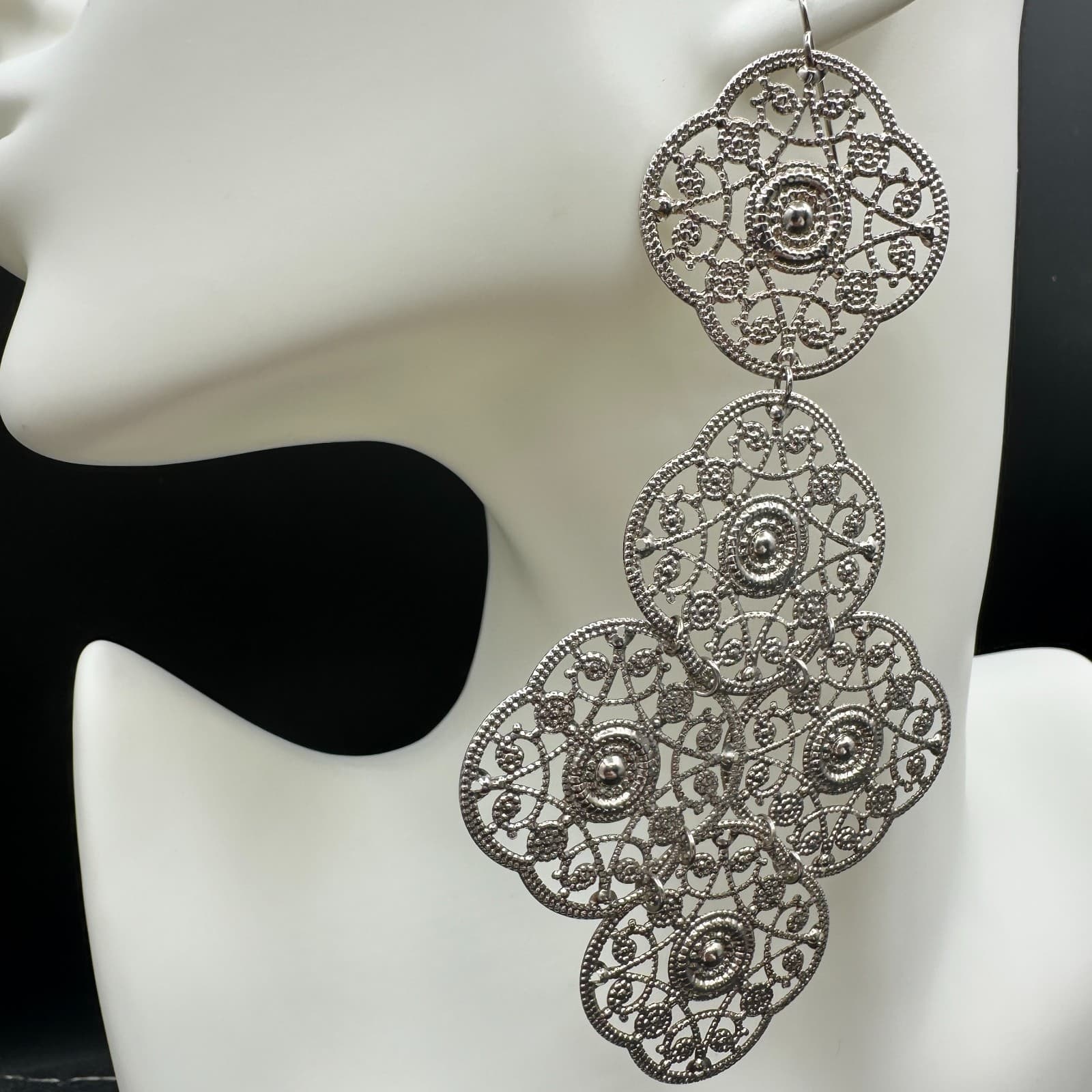 VTG 90s Silver Tone Filigree Drop Dangle Earrings Bohemian Floral Scrollwork - Thumbnail 2