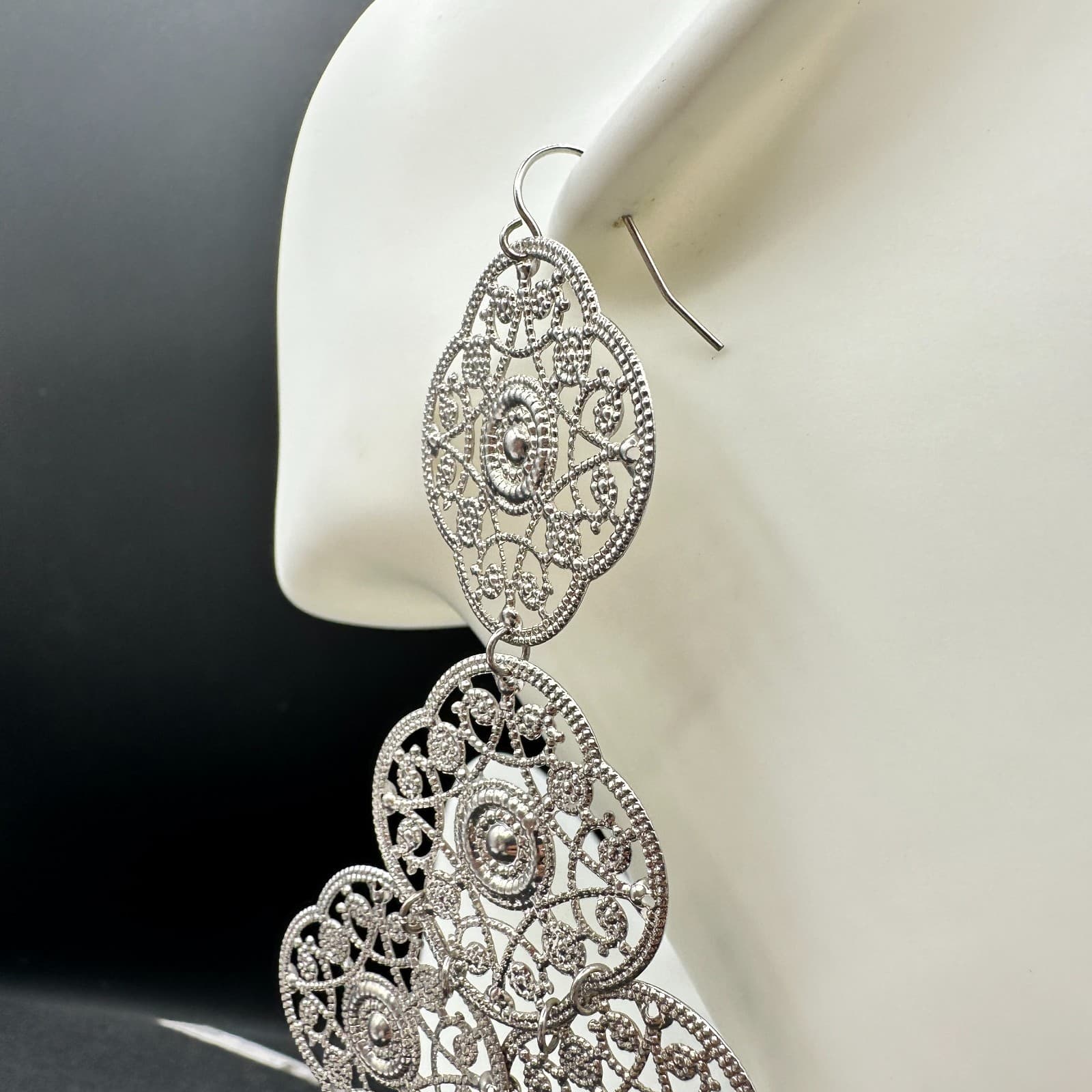 VTG 90s Silver Tone Filigree Drop Dangle Earrings Bohemian Floral Scrollwork - Thumbnail 5
