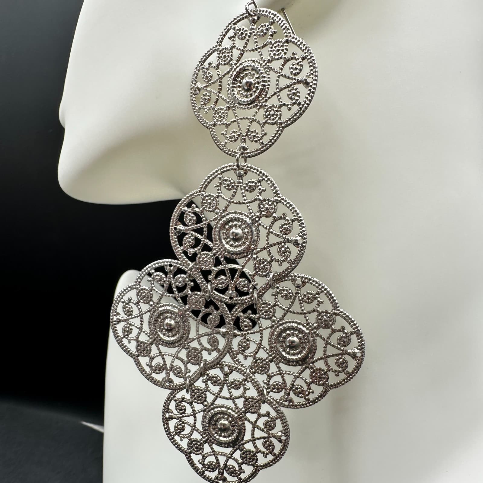 VTG 90s Silver Tone Filigree Drop Dangle Earrings Bohemian Floral Scrollwork - Thumbnail 3