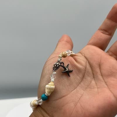 Vintage Seashell & Turquoise Beads Bracelet Starfish Charm Coastal Beach Jewelry - Thumbnail 5