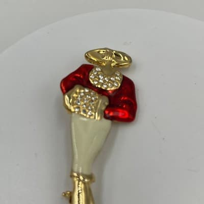 Vintage Style Lady Figural Brooch Red Enamel Gold Tone Rhinestone Dress Pin - Thumbnail 2