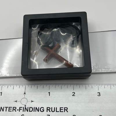 Vintage Handcrafted Wood Cross Necklace Brown Wood Pendant Black Cord Religious - Thumbnail 11