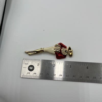 Vintage Style Lady Figural Brooch Red Enamel Gold Tone Rhinestone Dress Pin - Thumbnail 6