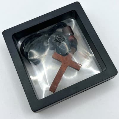 Vintage Handcrafted Wood Cross Necklace Brown Wood Pendant Black Cord Religious - Image 1