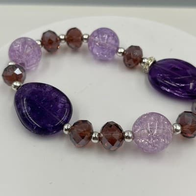 VTG Purple Beaded Stretch Bracelet Faceted Glass Crackle Beads Statement Chunky - Thumbnail 2